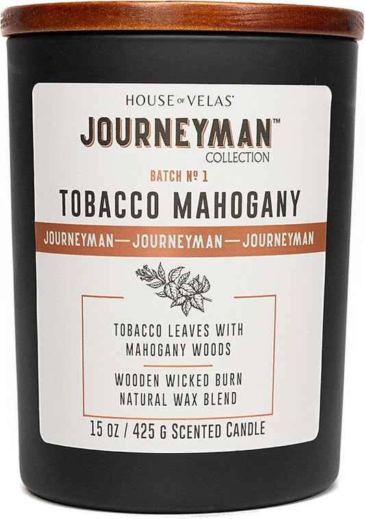 Journeyman Collection Candle, 15oz, Wooden Wick, Tobacco Mahogany, Large Painted Jar