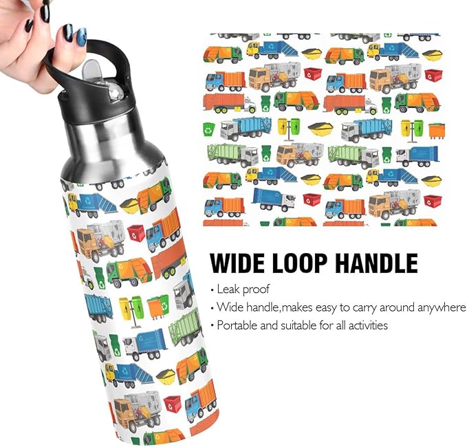 Garbage Trucks Stainless Steel Water Bottle with Straw Lid - 20 Oz Sports Insulated Water Bottle Thermos for Sport Gym Outdoor Travel School (DZ002)