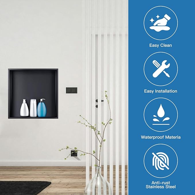 Shower Niche - 12 x 12, Matte Black Stainless Steel Recessed Shower Niche for Bathroom Storage, No Tile Needed, Over Mount Installation