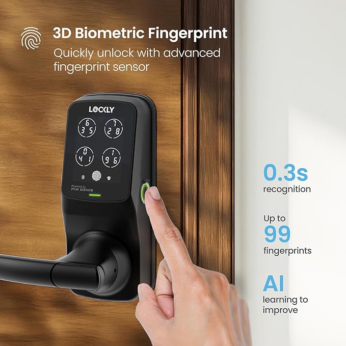 Lockly Secure Pro Smart Lock Wi-Fi, Keyless Entry Digital Keypad Door Lock, 3D Biometric Fingerprint Sensor Front Door Lock with Handle, Voice Control & Auto Lock - Latch Edition
