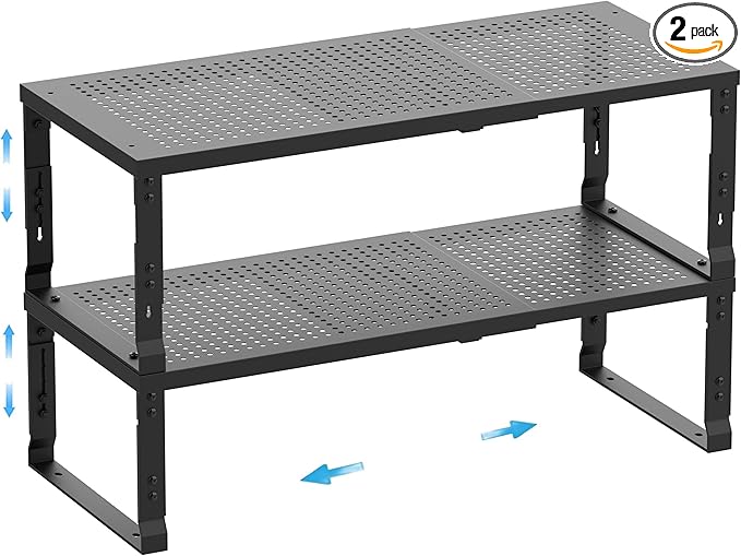 Expandable Spice Rack,Stackable Storage for Cabinet, Multi-Functional Kitchen Shelving,Height-Adjustable,Sustainable Organizer Solution(2Packs/Black/Medium)