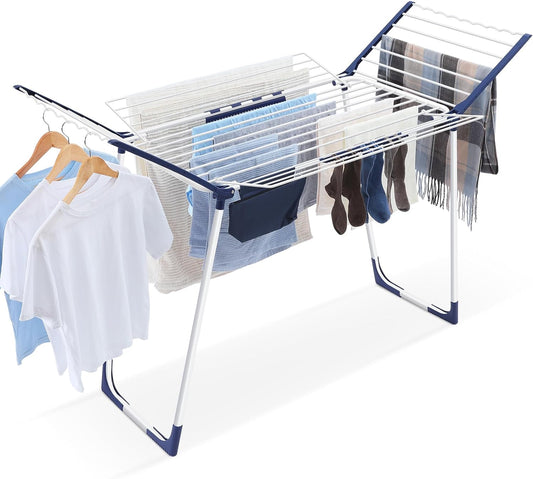 APEXCHASER Clothes Drying Rack Foldable, Drying Rack Clothing Large Space, Winged Laundry Rack with Sock Clips for Hanging Towels Clothes Dress Bedding Indoor Outdoor, White
