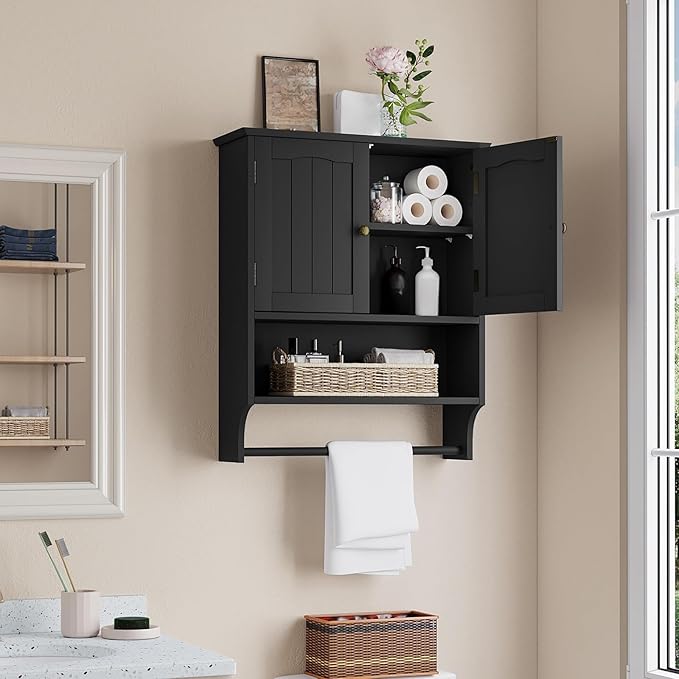 Smuxee Black Bathroom Cabinet Wall Mounted with Towels Bar, Medicine Cabinet with 2 Door Adjustable Shelves, Over Toilet Cabinet for Bathroom Laundry Room Kitchen