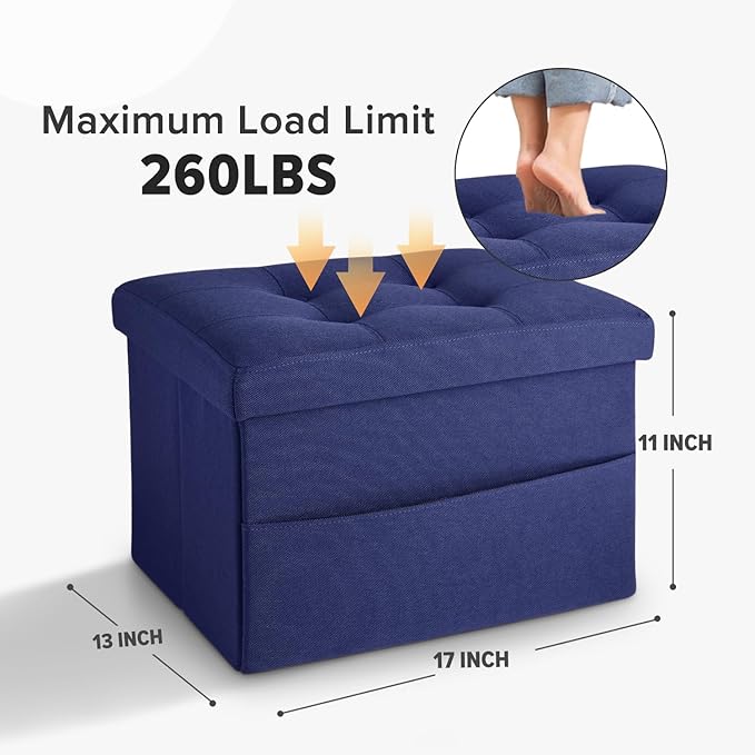 LINMAGCO Storage Ottoman Folding Foot Stool Foot Rest with Side Pocket Modern Ottoman with Storage Short Sofa Stool Linen Cloth 17x13x13(Navy)