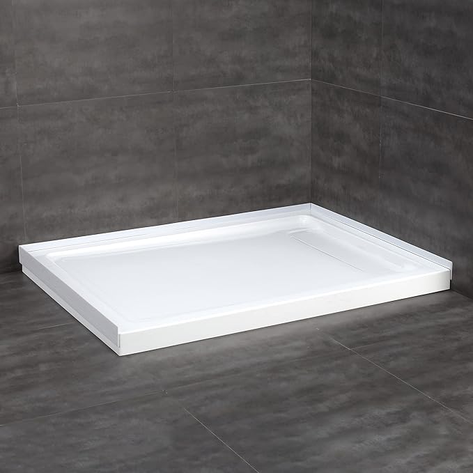 OVE Decors 48-in W x 32-in D Shower Base Pan Rectangle, Hidden Side Drain, White Acrylic, Reversible Design