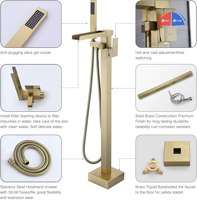TapLong Freestanding Tub Faucet，Waterfall Tub Filler Freestanding Bathtub Faucet Brushed Gold Single Handle Stand Alone Brass Bathtub Faucet with Hand Held Shower, 51001ZBGG