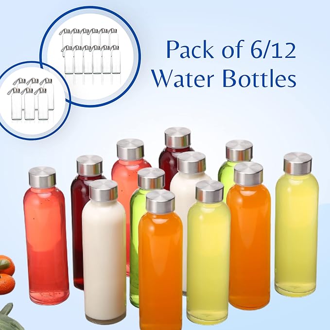 SureSave Glass Water Bottles with Stainless Steel Lids and Sleeves | 16 Oz Reusable Glass Bottles with Carrying Loop for Eco-Friendly Travel Drinks and Beverages (6 Pack)