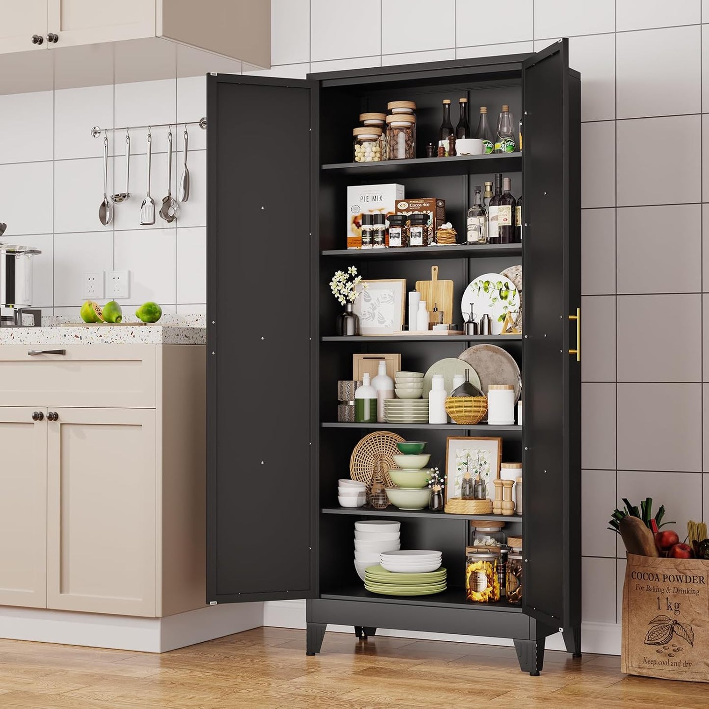 75" Tall Metal Kitchen Pantry Storage Cabinet, Freestanding Cupboard with 2 Doors and 5 Adjustable Shelves, Standing Storage for Kitchen, Bathroom, Garage, Dinning Room or Utility Room（Black）
