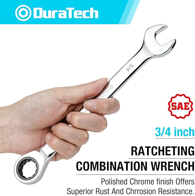 DURATECH 3/4" Ratcheting Combination Wrench, SAE, 72-Tooth, 12-Point, CR-V Constructed with Mirror Polish