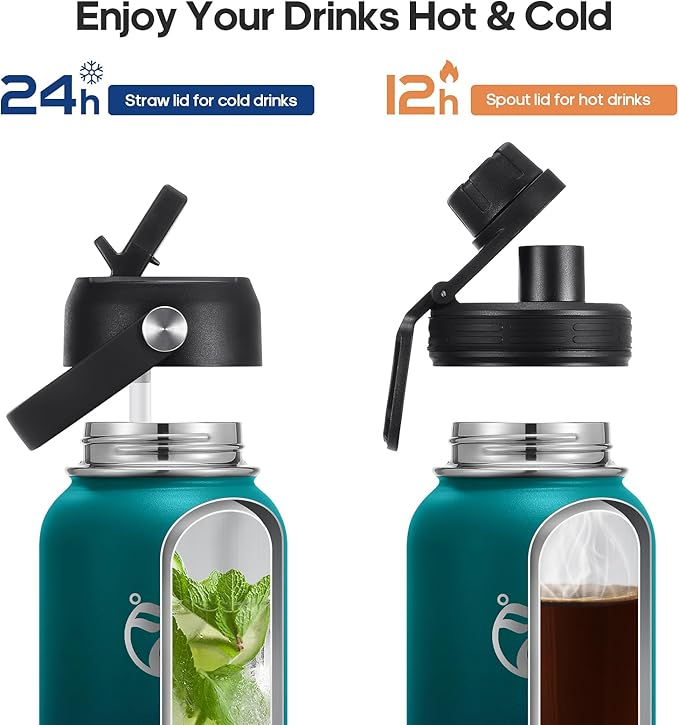 Insulated Water Bottles 40 oz with 2 Leak Proof Lids & Water Bottle Holder, Wide Mouth Sport Water Bottle with Straw, Reusable Stainless Steel Water Flask, Double Walled Vacuum Thermos
