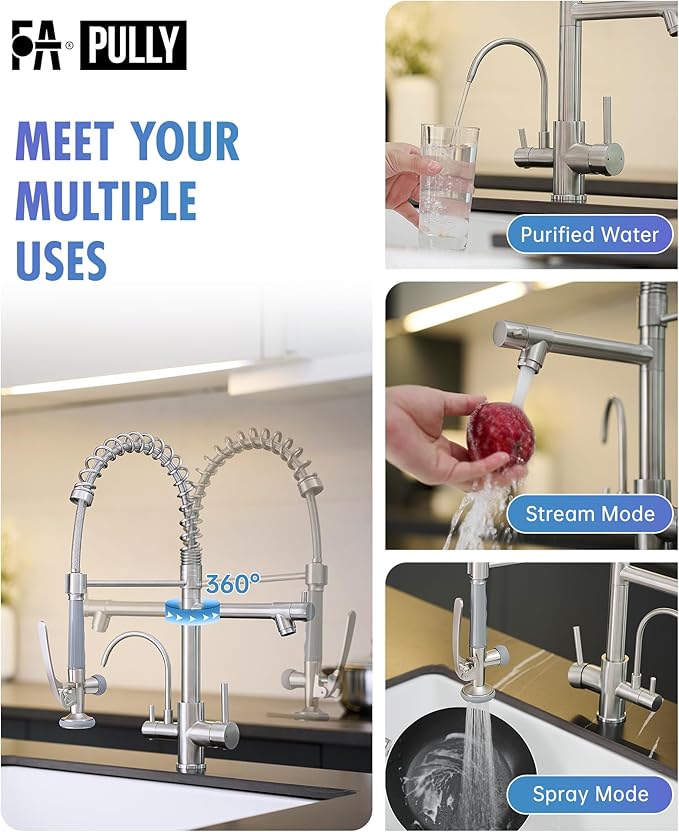 Fapully Commercial 3 Way Kitchen Faucets with Pull Down Sprayer and Water Filler,3 in 1 Kitchen Sink Faucet with Drinking Water Faucet Brushed Nickel