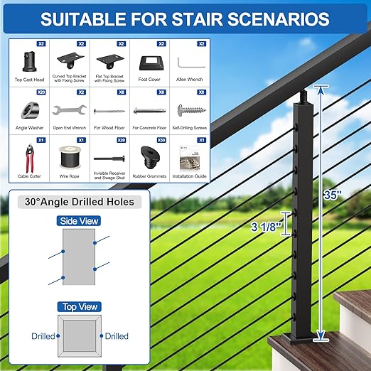 2 Pack 35" Stainless Steel Adjustable Stair Cable Railing Post Kits, 25-35 Degrees Angle Line Post with Grommets for Deck Railing Systems, Indoor & Outdoor Use,MY06-SP