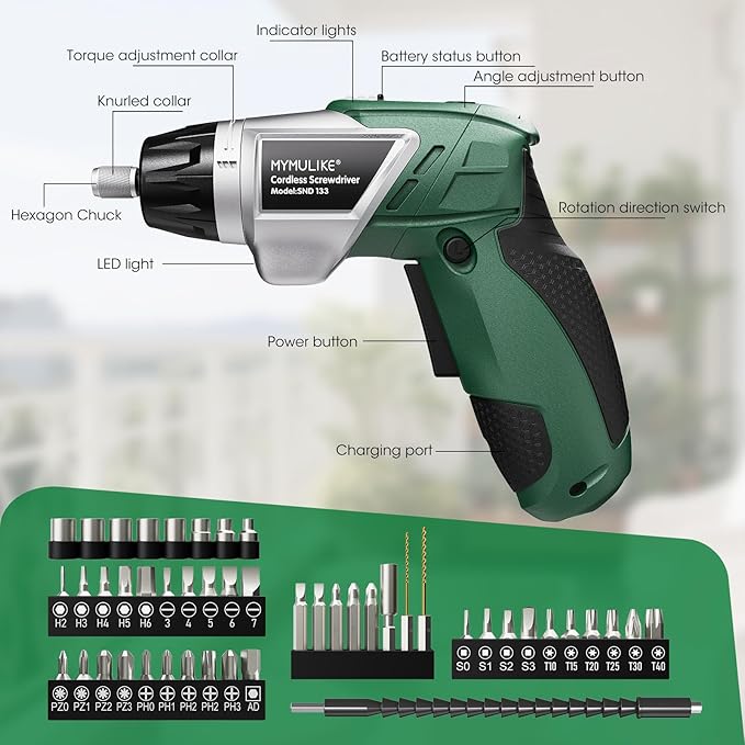 Electric Screwdriver Cordless Set, 3.6V Power Screwdriver Rechargeable with Light, Green Screw Gun with Pivoting Handle and Drill, 49 Pcs Accessories, 6+1 Torque Setting, 2000 mAh Battery