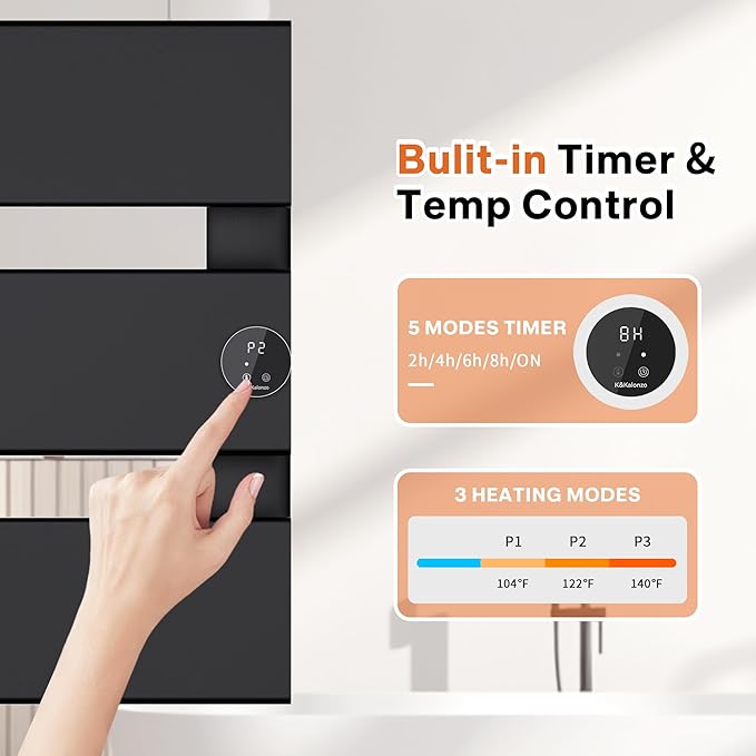 K&KALONZO Electric Towel Warmer, 18.35" W x 22.8" H Wall-Mounted Towel Heater with Built-in Timer, Waterproof Aluminum Towel Warmer for Bathroom, Support Plug-in and Hardwired, Black, K3-R-B