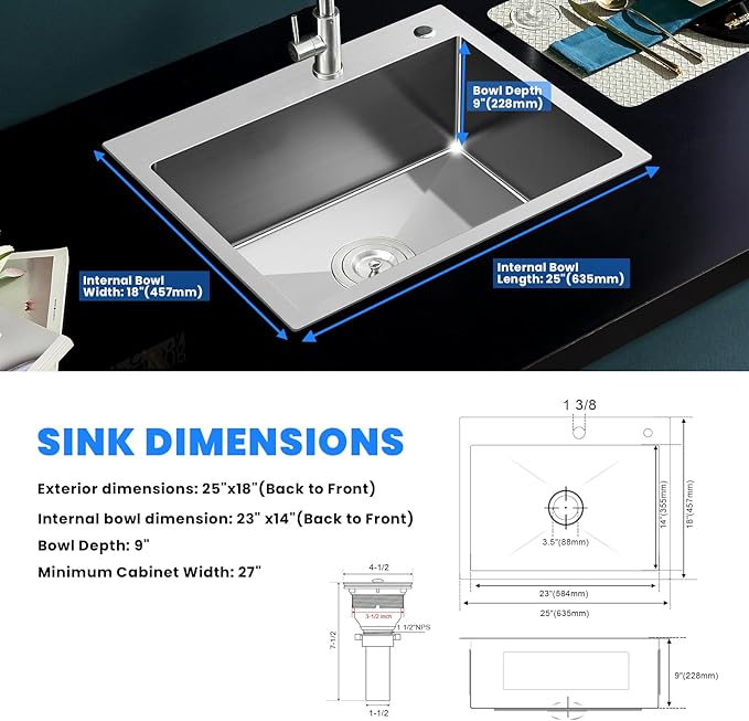 POPFLY 25×18 Inch Drop in Kitchen Sink, 18 Guage 304 Stainless Steel 9 Inch Deep Sink, 25 Inch Topmount Overmount Kitchen Bar Prep Single Bowl Sink with Drain Strainer, Brushed Nickel