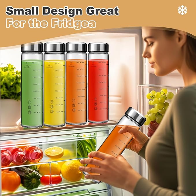 SIEROZUR Juice Bottles - 4 Pack Wide Mouth Glass Bottles with Lids - for Juicing, Smoothies, Infused Water, Beverage Storage - 20oz, BPA Free, Stainless Steel Lids, Leakproof, Reusable, Borosilicate