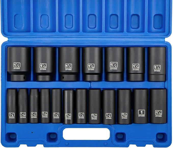 19 PCS 1/2" SAE Impact Socket Set,Deep Sockets (3/8 to 1-1/2inch) Assortment,6 Point Cr-MO & Alloy Steel,Enhanced Storage Case,Suitable for Auto Repair