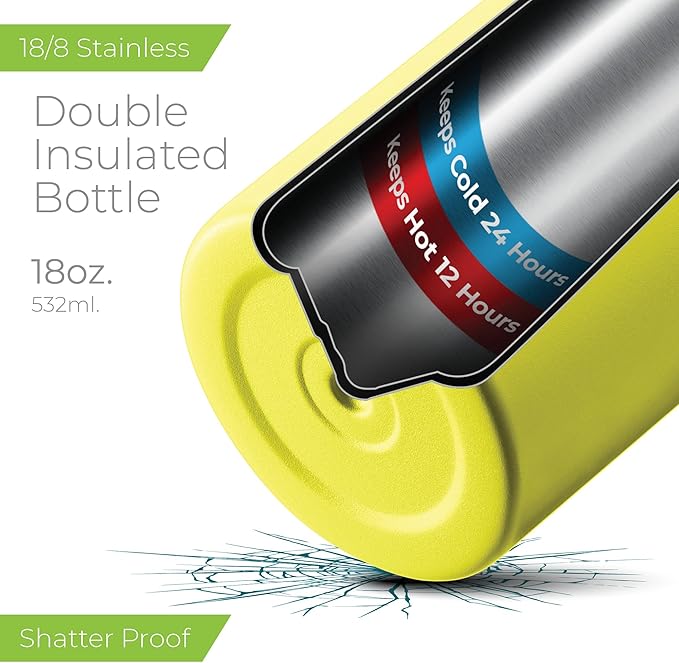 SipX™ Triple-Insulated Stainless Steel Water Bottle 18oz. With 3 Lids, BPA-Free Reusable Insulated Water Bottle Keeps Cold 24 Hours, Metal Water Bottle Made Of Sustainable Material For Hiking & Biking