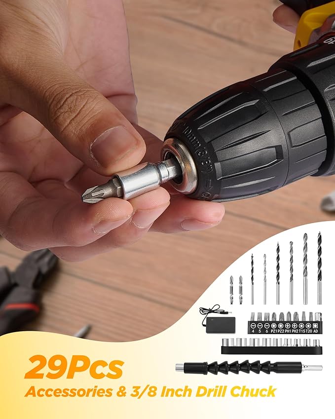 Cordless Drill Set, KELNOW 21V PowerDrill with Power Pack and Charger, 3/8-Inch Keyless Chuck ElectricDrill, 25+1 Position, 2 Speed, 27pcs Drilldriver Bits Tool Drills for DIY Projects