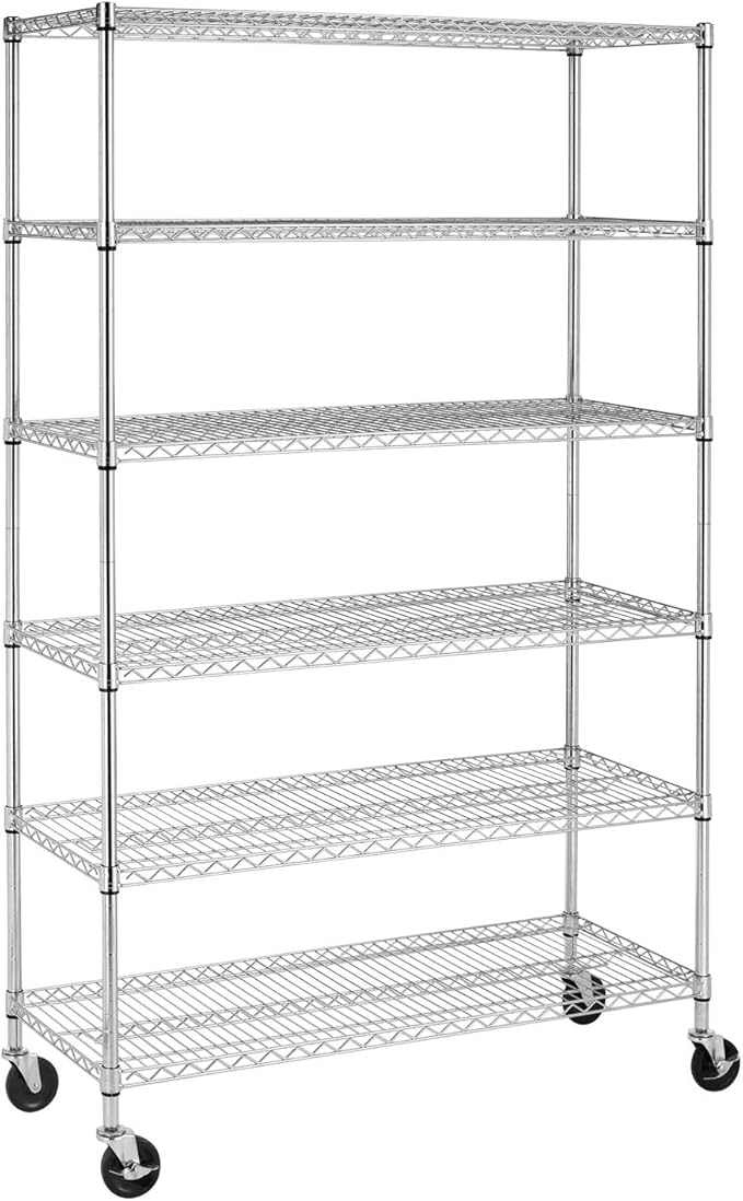 BestOffice | 6-Tier Wire Storage Shelves with Wheels | 18x48x77 | Chrome | Adjustable Racks | Heavy-Duty Metal Shelf, Holds Upto 600 lbs | No-Tool Assembly | Ideal for Home & Garage Shelving