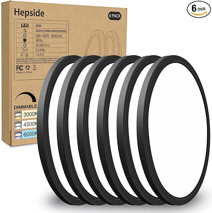 6PACK Flush Mount LED Ceiling Light Fixture Black, 12Inch 28Watt, Dimmable & 3000K-4500K-6000K 3 Color Selectable Ceiling Lamp 3200LM Low Profile Ceiling Light for Kitchen Bedroom Hallway Porch