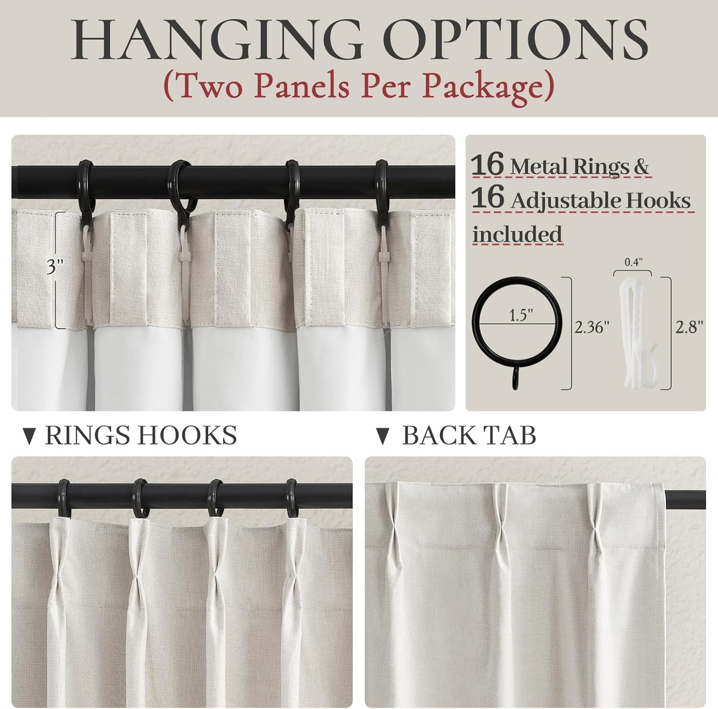 Neutral 86 Inch Nursery Blackout Window Curtains for Bedroom 86 Inches Long, Thermal Curtains for Summer Heat Blocking Linen Custom Made Drapes Pinch Pleated Back Tab Rustic (40"x86"2 Panels)