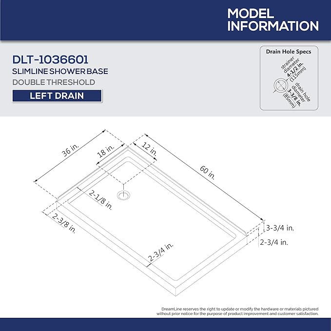 DreamLine SlimLine 36 in. D x 60 in. W x 2 3/4 in. H Left Drain Double Threshold Shower Base in Black, DLT-1036601-88