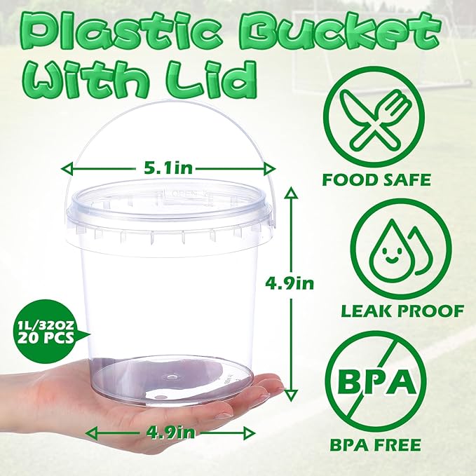 PerKoop 20 Pcs 32 oz Soccer Ice Cream Buckets with Lids and Handles Clear Cocktail Rum Buckets for Drinks with 200 Soccer Stickers Plastic Transparent Tub Reusable Food Storage Containers for Parties