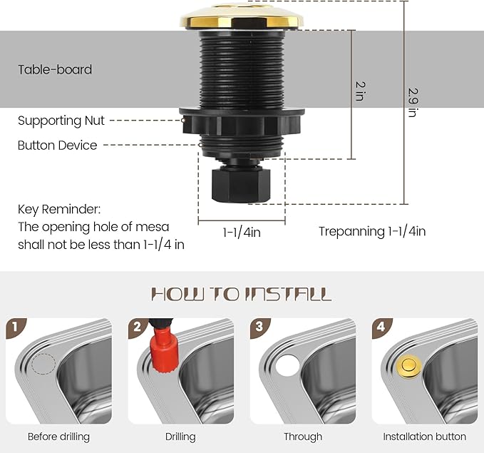 Garbage Disposal Air Switch Kit Sink Top Waste Disposal Stainless Steel Golden Polished On/Off Air Button Food and Waste Disposals Part by Etoolcity, UL Listed LF40-C062