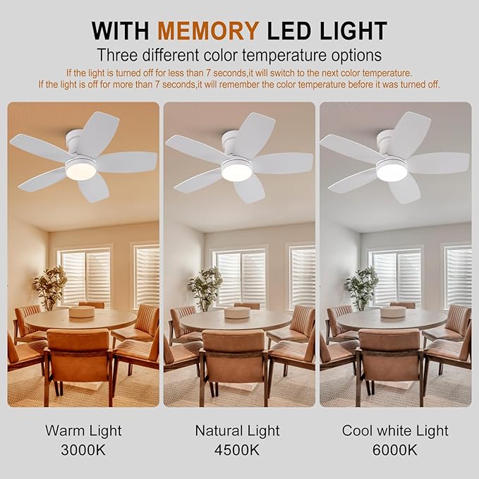 30 inch Ceiling Fans with Lights and Remote,Flush Mount White Ceiling Fan,Memory Fuction Reversible Quiet DC Motor Low Profile Ceiling Fans For Living Room Bedroom Outdoor(White&Natural Wood)