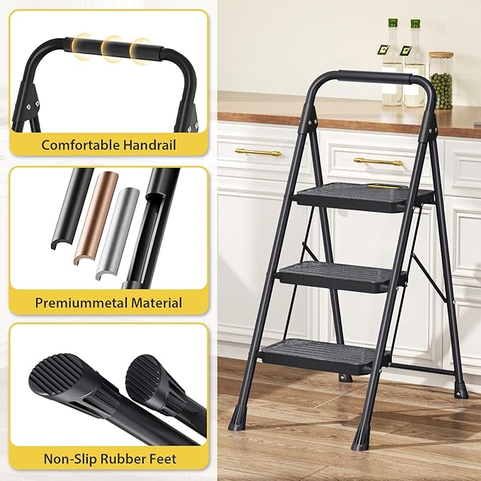 KINGRACK 3 Step Ladder, Sturdy Steel Step Stool with Anti-Slip Wide Pedals, Handrail, Safe-Lock Design, Pass 800lbs Load Testing, Folding Portable Ladder for Multi-Purpose, Home, Kitchen, Black
