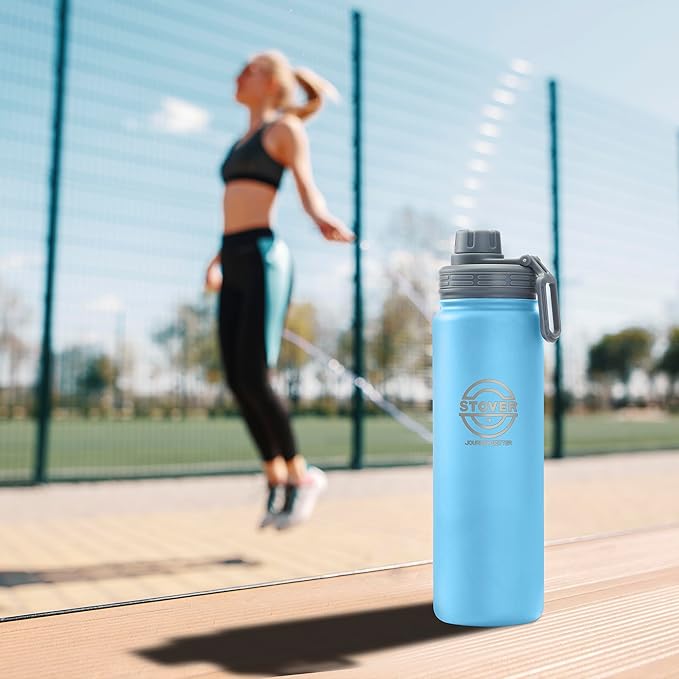 STOVER 25oz Insulated Water Bottle, Wide Mouth Double-Walled Stainless Steel- Vacuum Sealed, Leakproof, Durable, Slim Design Fits in Cup Holder- Flip Top Lid/Spout for Travel- Women/Men (Light Blue)