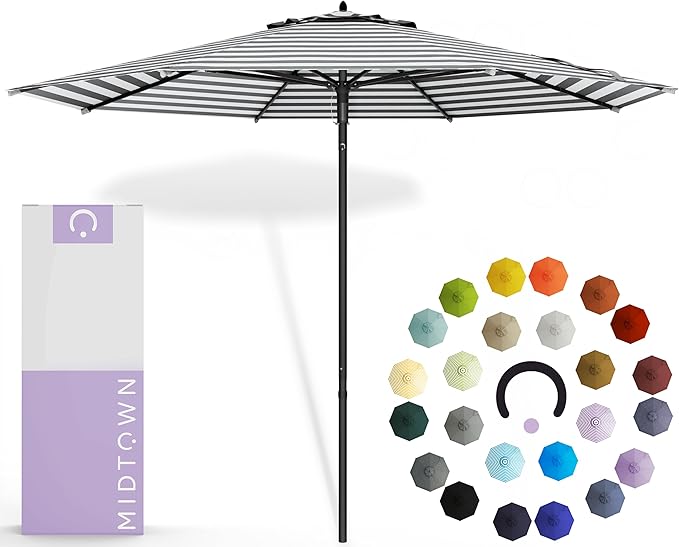 Midtown Umbrellas Push and Pop 9 Feet Outdoor Umbrella, Black/White Stripes Polyester Fabric - Fiberglass Ribs Deck Patio Umbrella, Backyard Umbrella, Garden Umbrella & Pool Umbrella - Black Pole