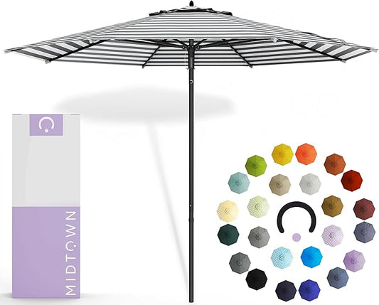 Midtown Umbrellas Push and Pop 10 Feet Outdoor Umbrella, Black/White Stripes Polyester Fabric - Fiberglass Ribs Deck Patio Umbrella, Backyard Umbrella, Garden Umbrella & Pool Umbrella - Black Pole