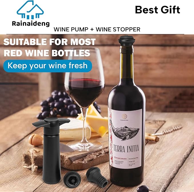 Wine Saver Pump with 6 Vacuum Stoppers，Wine Stopper, Wine Preserver, Wine Pump and Wine Vacuum Stopper are Black，Reusable Bottle Sealer Keeps Wine Fresh, Ideal Wine Accessories Gift
