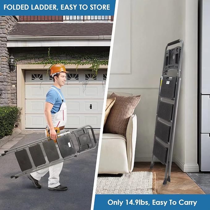 4 Step Ladder, GOLYTON Lightweight Folding 4 Step Stool with Tool Platform, Wide Anti-Slip Pedal and Convenient Handgrip, Sturdy Steel Ladder Hold Up to 350 lbs, Gray