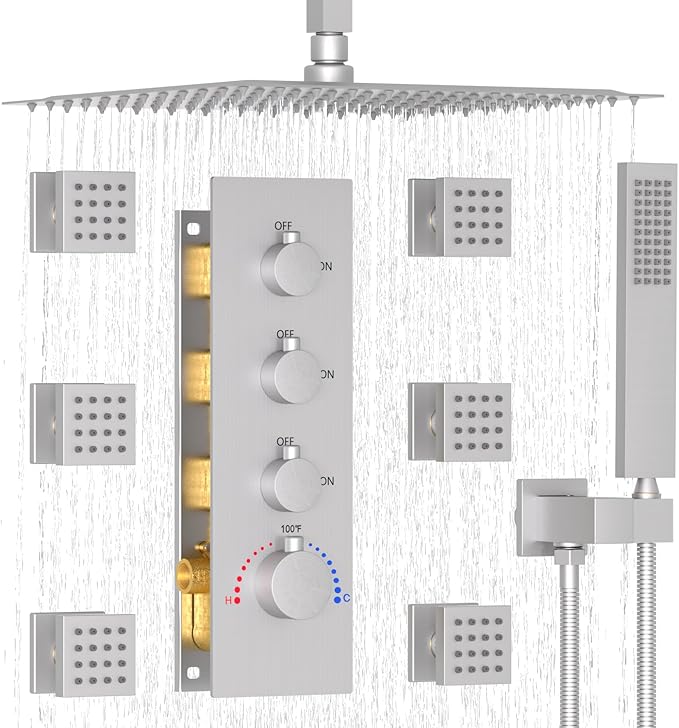 Enga Shower Jets System, 16 inch Ceiling Rainfall Shower System with Spray Jets(Can All Run Together) Thermostatic Shower System with Handheld Shower Head and 6 Body Spray Jets, Brushed Nickel