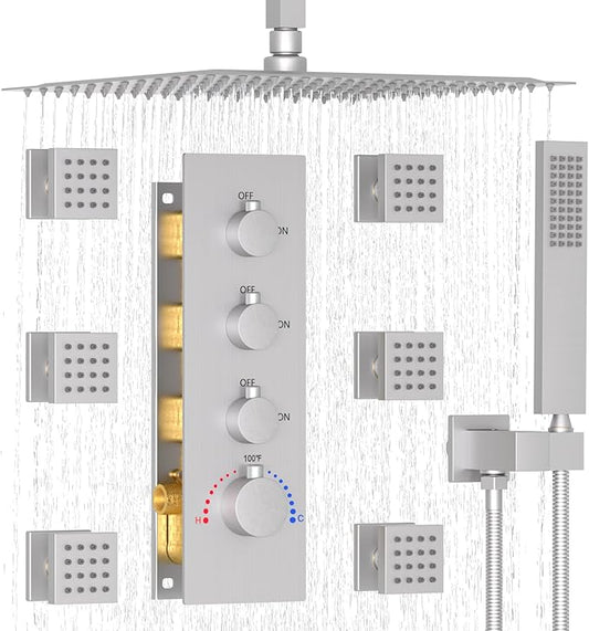 Enga Shower Jets System, 16 inch Ceiling Rainfall Shower System with Spray Jets(Can All Run Together) Thermostatic Shower System with Handheld Shower Head and 6 Body Spray Jets, Brushed Nickel