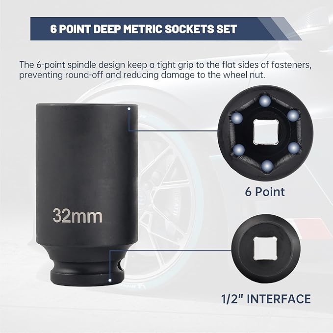 1/2" Drive 6 Point Deep Impact Socket Set 14 Pieces impact sockets set Metric Standard Impact Socket Set,CR-V,11mm to 32mm