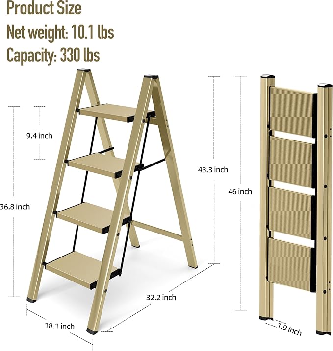 4 Step Ladder,Aluminum Folding Step Ladder for Adults,Step Ladder with Wide Anti-Slip Pedal,330 lbs Capacity for Home,Office,Kitchen,Library(Gold)