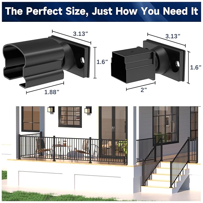 2 Pack Aluminum Adjustable Railing Bracket, Deck Railing Bracket Connector, Black Textured Powder-Coat Finish Rail System for Outdoor Decks, Porches & Balconies