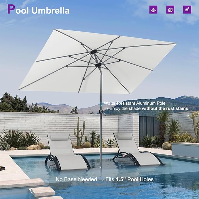PURPLE LEAF 9' x 6' Rectangular Patio Umbrella Outdoor Table Umbrella Aluminum Frame Market Umbrella Sun Umbrella with 8 Sturdy Ribs Tilt for Garden Deck Lawn Pool White