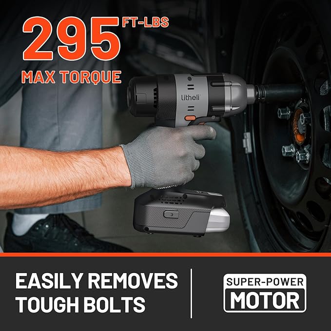 Litheli Cordless Impact Wrench Kit, 1/2 Inch Hog Ring Impact Gun with 4 Impact Sockets, 5 Torque Settings Impact Driver for Car Home, Charger not Included