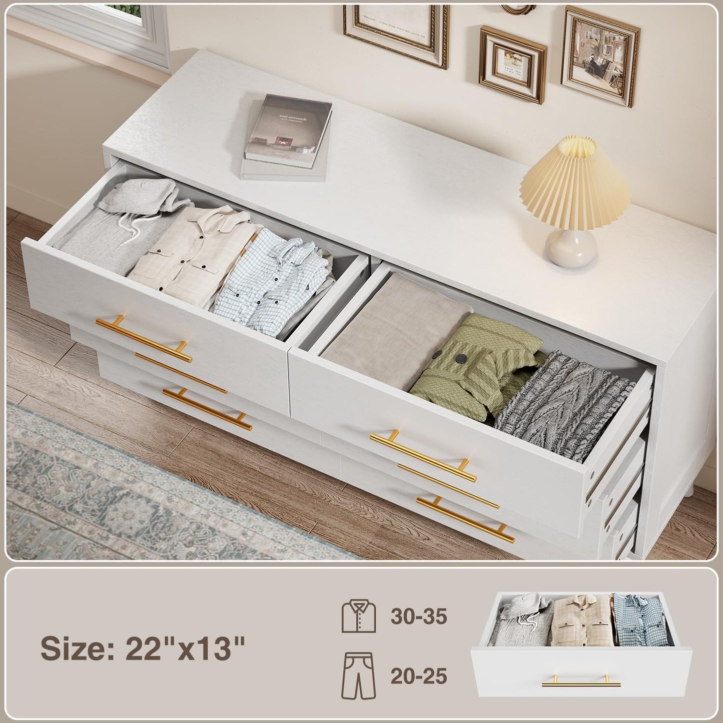 Aiho 6 Drawer Dresser for Bedroom, Chest of Drawers with Metal Handles, Wood Storage Modern Dresser for Nursery, Living Room, Entryway, White