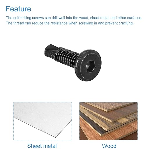 uxcell Hex Socket Self Tapping Screws, 1/4 x 1 410 Stainless Steel Sheet Metal Flat Head Drilling Screw 50pcs, Black