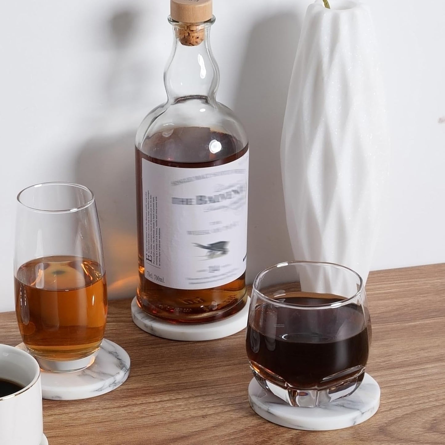 BCS Marble Coasters Set of 6 with Holder - Premium White Stone Drink Coasters, Durable Cup Mats for Coffee, Beer, Wine - Non-Slip Modern Table Decor for Home, Office, Dining