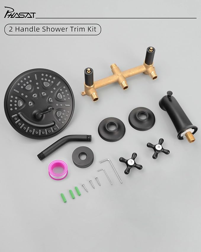 PHASAT 2 Handle Tub Shower Faucet,Bathtub Faucet Set with Tub Spout,Tub and Shower Trim Kit with Rough-in Valve,Matte Black,PU4H09