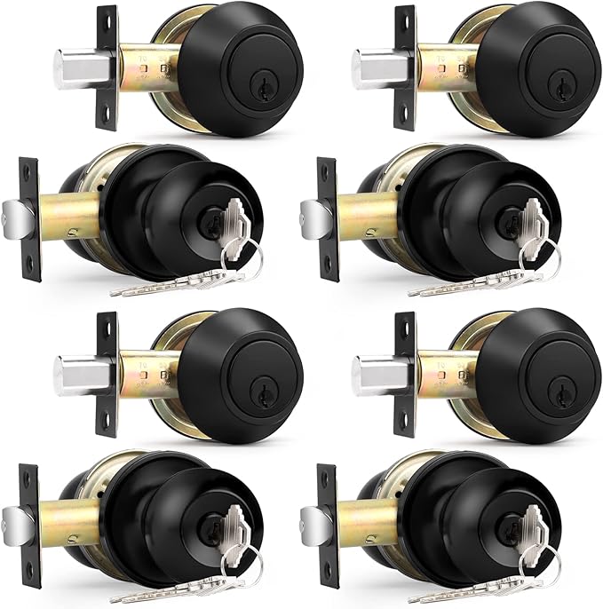 Probrico Flat Black Entry Door Knobs and Single Cylinder Deadbolt Lock Combo Set, Exterior Lockset, Keyed Alike, Set of 4