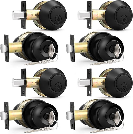 Probrico Flat Black Entry Door Knobs and Single Cylinder Deadbolt Lock Combo Set, Exterior Lockset, Keyed Alike, Set of 4