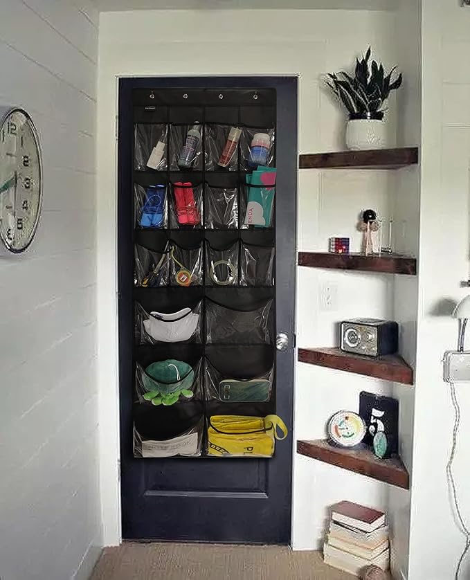 Extra Large Hanging Over Door Shoe Organizer, Closet Shoe Rack - 12+6 Crystal Pockets, 4 Hooks, Black (59"x 21.6")